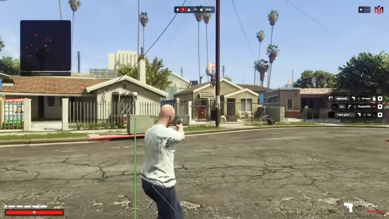 FiveM skeleton ESP showing player bones and weapons through a warehouse wall